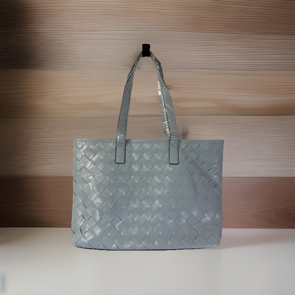 Women Woven Travel Handbags Shoulder Vegan Tote Bag Blue with Makeup Bag